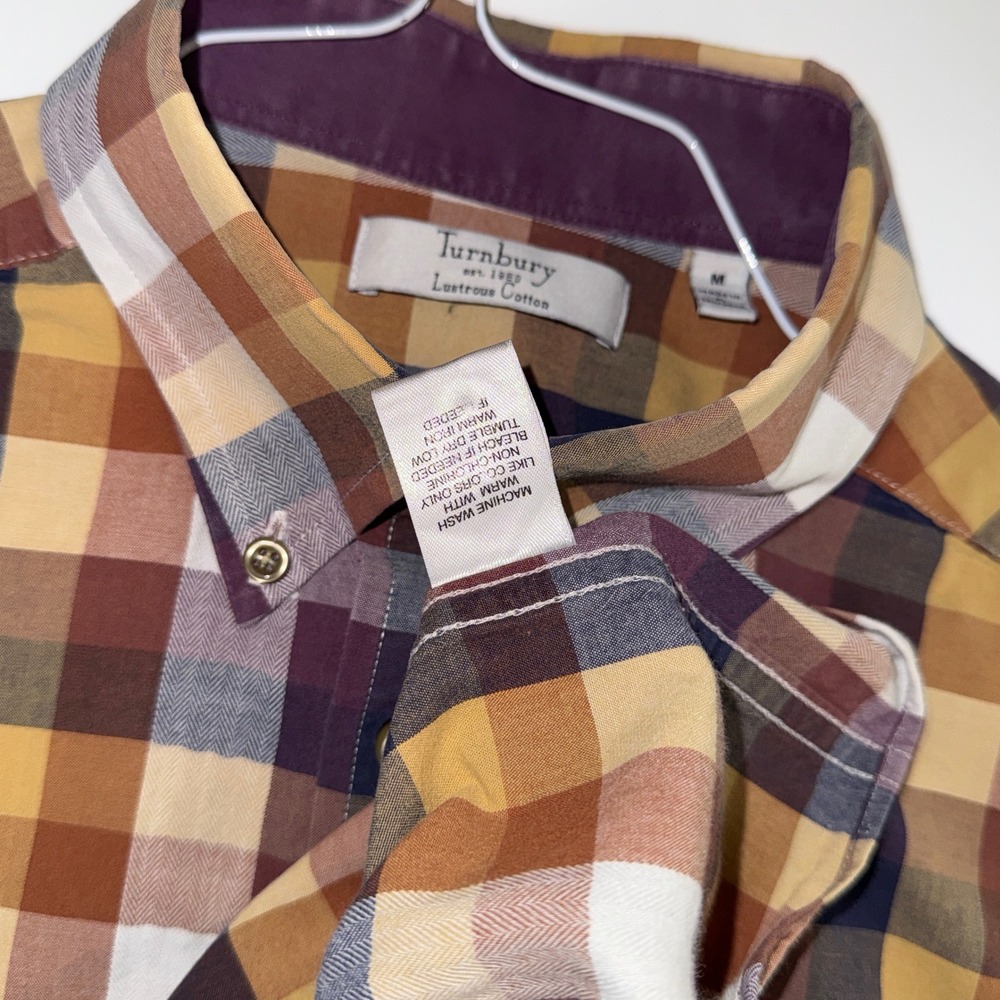 Turnbury Mens Lustrous Cotton Plaid Button Down Shirt Purple Gold Brown Size M - Picture 6 of 8